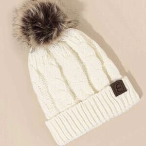NWT Hat Beanie White Cable Knit Pom